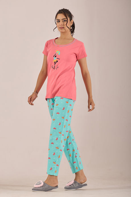 Sweet Moon Knit Cotton Pyjama Set - Aqua Pastelpink — image 3
